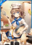  1girl akkijin baking blue_eyes blue_ribbon bowl breasts brown_hair card_(medium) chef chef_hat chef_uniform cooking frying_pan hat indoors kitchen looking_at_viewer medium_breasts mixing_bowl official_art ribbon salad shikigami shinkai_no_valkyrie short_hair whisk yellow_ribbon 