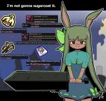  1girl absurdres animal_ears blue_capelet blue_dress blue_sky blunt_bangs blush bow capelet castle closed_mouth commentary cowboy_shot dark-skinned_female dark_skin dress english_commentary english_text filthyhector greatsword green_bow green_hair heavyblade_rabbit highres holding holding_sword holding_weapon i'm_not_gonna_sugarcoat_it_(meme) long_hair looking_at_viewer meme rabbit_and_steel rabbit_ears rabbit_girl ribbon-trimmed_capelet ribbon-trimmed_dress ribbon_trim sky smile solo split_mouth star_(sky) starry_sky sword very_long_hair weapon 