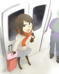  bag boots brown_eyes brown_hair from_above fujiyoshi_harumi glasses jacket looking_up pantyhose pleated_skirt raikou_(symposion) sayonara_zetsubou_sensei scarf skirt solo_focus train_interior 