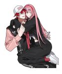  1boy 1girl arm_around_neck baseball_cap black_skirt black_vest cardigan closed_eyes closed_mouth commentary_request gunxin_3 hairband hat highres hug korean_commentary long_hair midriff one_eye_closed original pants pink_hair pink_shirt pleated_skirt red_eyes red_socks shirt shoes skirt sneakers socks straddling sweatpants vest 