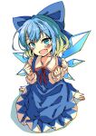  1girl :d absurdres barefoot blue_bow blue_dress blue_eyes blue_hair blush bow cirno clenched_hand commentary_request cowlick dress dress_ribbon fang hair_between_eyes hair_bow hands_up highres huge_bow ice ice_wings long_sleeves looking_at_viewer medium_hair open_mouth pinafore_dress red_ribbon ribbon seika_okawari shadow shirt simple_background sitting sleeveless sleeveless_dress smile solo touhou upturned_eyes wariza white_background white_shirt wings 