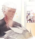  3boys archer_(casual_wear)_(fate) archer_(fate) blonde_hair blue_hair chopsticks colored_eyelashes commentary cu_chulainn_(fate) cu_chulainn_(lancer)_(fate) dark-skinned_male dark_skin earrings fate/hollow_ataraxia fate_(series) gilgamesh_(fate) grey_eyes h_sueun holding holding_chopsticks jewelry long_hair looking_at_mirror male_focus mirror multiple_boys one_eye_closed open_mouth ponytail smile table washing_face wet wet_face wet_hair white_hair 