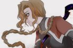  1boy attack backstab blonde_hair blood blood_on_clothes blood_splatter braid braided_ponytail cassock commentary coughing coughing_blood english_commentary fate/grand_order fate_(series) from_side glasses hair_between_eyes highres impaled male_focus michael_roa_valdamjong priest red_eyes stab surprised tarantella_(fate) upper_body vampire wholelottalovi1 