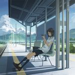  bad_id bad_pixiv_id bad_proportions bag black_hair black_legwear cellphone cloud day glasses iphone kneehighs kusakabe_(kusakabeworks) landscape original phone railroad_tracks scenery school_uniform shade shirt sitting skirt sky smartphone solo sunlight train_station 