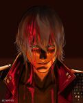  1boy artist_name blood blood_in_hair blood_on_body blood_on_clothes blood_on_face blue_eyes closed_mouth collarbone collared_jacket commentary corrupted_twitter_file dante_(devil_may_cry) devil_may_cry_(series) devil_may_cry_3 english_commentary hair_between_eyes half-closed_eyes henoopd highres jacket lips looking_at_viewer male_focus nose portrait red_background red_jacket shaded_face short_hair smile solo white_hair 