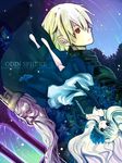  2boys armor bad_id bad_pixiv_id bird black_armor blonde_hair blue_eyes copyright_name crown dress flower gloves gwendolyn hachino head_wings long_hair multiple_boys odin_(odin_sphere) odin_sphere oswald_(odin_sphere) red_eyes royal sky white_hair 