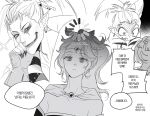  1boy 1girl bare_shoulders cape clown commentary_request detached_sleeves earrings facepaint final_fantasy final_fantasy_vi fingernails gloves hair_ribbon highres jewelry kefka_palazzo korean_commentary long_hair looking_at_viewer makeup monochrome parted_bangs pointy_ears ponytail ribbon sharp_fingernails shh_gdr smile strapless terra_branford 