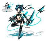  aqua_eyes armband bare_shoulders black_legwear blue_hair breasts chemistry cyborg dual_wielding elbow_gloves english fingerless_gloves gia gloves gun hair_ornament hair_over_one_eye holding medium_breasts midriff miniskirt neon_trim original personification robotic_legs shadow short_hair simple_background skirt solo submachine_gun sword tail thighhighs underboob weapon 