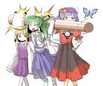  3girls aqua_shoes black_skirt blank_eyes blonde_hair blue_butterfly blue_skirt bug butterfly collared_shirt commentary_request detached_sleeves frog_hair_ornament green_hair hair_ornament hand_on_own_hip hat highres holding horizontal_pupils kochiya_sanae long_hair long_skirt long_sleeves maple_leaf_hair_ornament medium_hair mirror moriya_suwako multiple_girls notice_lines peroponesosu. pillar puffy_short_sleeves puffy_sleeves purple_hair purple_skirt purple_vest red_eyes red_shirt red_skirt rope shirt shoes short_sleeves skirt sleeveless sleeveless_shirt snake_hair_ornament socks stone_pillar touhou two-tone_skirt undershirt vest walking white_shirt white_sleeves white_socks wide_sleeves yasaka_kanako yellow_eyes yellow_hat 