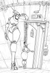 2girls arm_up artist_name camera clothed_robot collared_shirt commentary corrupted_twitter_file english_commentary english_text faux_traditional_media from_behind full_body giant giantess greyscale highres humanoid_robot industrial_pipe joints looking_down monochrome multiple_girls no_humans object_head onni_vanilla open_door original pencil_skirt pointing radio_antenna robot robot_girl robot_joints science_fiction shirt shirt_tucked_in sign sketch skirt standing sweater_vest thick_thighs thighs tile_floor tile_wall tiles walking wall_lamp 