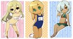  afuro_terumi bad_id bad_pixiv_id bikini blonde_hair chibi crossdressing dark_skin dark_skinned_male eyepatch inazuma_eleven inazuma_eleven_(series) miyasaka_ryou multiple_boys name_tag one-piece_swimsuit otoko_no_ko red_eyes sakuma_jirou sandals school_swimsuit swimsuit tan white_hair 