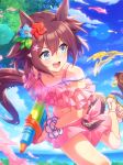  1girl absurdres animal_ears artist_request bare_legs bare_shoulders bikini bikini_skirt black_bow blue_eyes blue_flower blue_sky bow brown_hair brown_sandals card_(medium) card_commentary cloud commentary detached_sleeves dot_nose eyelashes flower foot_out_of_frame frilled_bikini frilled_sleeves frills game_asset hair_between_eyes hair_flower hair_ornament happy highres holding holding_water_gun horse_ears horse_girl horse_tail layered_bikini leaf_hair_ornament leg_up light_blush light_particles light_rays looking_at_another miniskirt o-ring ocean official_alternate_costume official_art open_mouth pink_bikini pink_bow pink_sleeves pleated_skirt polka_dot polka_dot_bow red_flower sakura_chiyono_o_(sakura_hearts_are_super_good_hearts)_(umamusume) sakura_chiyono_o_(umamusume) sandals scrunchie see-through_clothes see-through_sleeves shell shell_hair_ornament short_hair short_sleeves skirt skirt_bow sky smile solo_focus spraying star_(symbol) star_hair_ornament strap_slip swimsuit tail tareme teeth third-party_source toes tree two-tone_bow umamusume upper_teeth_only v-shaped_eyebrows water water_gun white_scrunchie wrist_scrunchie 