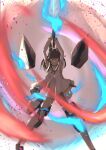  1girl absurdres agatsuma_kaede alice_gear_aegis animal_ears armpits black_hair blue_eyes blue_fire blunt_bangs closed_mouth clothes_lift commentary_request detached_sleeves dress dress_lift fake_animal_ears feet_out_of_frame fiery_aura fire flaming_sword flaming_weapon floating_hair grey_background highres holding holding_sword holding_weapon long_sidelocks long_sleeves looking_at_viewer mecha_musume mechanical_ears medium_hair pink_aura pink_pupils proum9696 rabbit_ears red_aura short_dress sidelocks simple_background solo standing straight-on swirling sword tsurime v-shaped_eyebrows weapon white_dress 