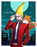  adjusting_eyewear bad_id bad_pixiv_id blonde_hair building dog formal ghost_trick hand_in_pocket kuren male_focus missile_(ghost_trick) moon necktie pomeranian_(dog) sissel star suit sunglasses 