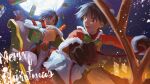  2girls absurdres antenna_hair black_gloves black_hair boots bow bowtie box christmas city commentary_request dual_persona flying full_moon gift gift_box gloves green_bow green_bowtie highres idolmaster idolmaster_(classic) idolmaster_1 kikuchi_makoto looking_back merry_christmas mihen moon multiple_girls night open_mouth outdoors santa_costume short_hair sitting sleigh turning_head white_boots 