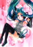  aqua_hair armpits bad_id bad_pixiv_id blue_eyes blush detached_sleeves falling forehead hatsune_miku headset long_hair ne-on necktie open_mouth skirt solo thighhighs traditional_media twintails very_long_hair vocaloid watercolor_(medium) 