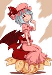  bat_wings blue_hair grin hat one_eye_closed profile red_eyes remilia_scarlet sharp_teeth smile solo sonson_(eleven) teeth touhou wings 