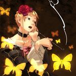  beatrice blonde_hair blue_eyes bow bug butterfly choker dress flower hair_flower hair_ornament insect kiseru open_mouth pink_bow pipe red_flower red_rose rose shihou_(g-o-s) solo umineko_no_naku_koro_ni 