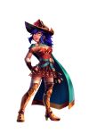  1girl absurdres bandaged_leg bandages belt blue_hair boots breasts cape commentary commission dang_(runescape) duellist's_cap_(tier_6) ear_piercing english_commentary fingerless_gloves full_body gladiator gloves glowing_hat gold_trim green_belt green_cape hand_on_own_hip hat highres leg_armor leotard long_hair medium_breasts mulebris old_school_runescape orange_eyes original piercing poleyn red_leotard runescape second-party_source skirt solo spiked_ear_piercing sun_symbol transparent_background yellow_eyes 