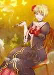  beatrice blonde_hair blue_eyes bow breast_hold breasts bug butterfly chair choker dress ens flower hair_flower hair_ornament insect kiseru medium_breasts pink_bow pipe red_flower red_rose rose sitting solo umineko_no_naku_koro_ni 