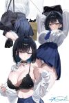  1girl absurdres arms_up black_choker black_hair bra bra_visible_through_clothes breasts choker cleavage commentary_request from_behind highres holding holding_umbrella lace-trimmed_bra lace_trim large_breasts looking_at_viewer mole mole_under_eye navel open_clothes open_shirt original panties pantyshot rain rei_(rei_9146) school_uniform short_hair signature solo squatting transparent transparent_umbrella umbrella underwear white_background white_panties 