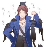  anchor animal animal_on_head artist_request brown_hair cat cat_on_head coat male_focus multicolored_hair on_head simple_background solo streaked_hair too_many too_many_cats two-tone_hair umineko_no_naku_koro_ni willard_h_wright yellow_eyes 