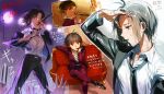 1girl antenna_hair black_hair black_jacket black_necktie black_pants collared_shirt commentary_request concert couch crossed_legs highres holding holding_microphone idolmaster idolmaster_(classic) jacket kikuchi_makoto microphone mihen multiple_views necktie on_couch open_clothes open_jacket pants red_jacket red_pants shirt short_hair sitting standing translation_request white_shirt 