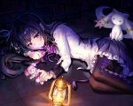  1girl absurdres akemi_homura akemi_homura_(magical_girl) alien argyle_clothes argyle_thighhighs arm_pillow black_hair black_hairband black_thighhighs candle capelet character_doll closed_mouth collared_capelet commentary creature doll english_commentary feet_out_of_frame frilled_skirt frills gem hair_spread_out hairband head_on_arm head_rest highres holding holding_doll holding_gem kaname_madoka kaname_madoka_(magical_girl) kyubey lamp layered_sleeves legs_together long_hair long_sleeves looking_at_object looking_down lying magical_girl mahou_shoujo_madoka_magica mahou_shoujo_madoka_magica_(anime) mixed-language_commentary neck_ribbon on_side pleated_skirt purple_capelet purple_eyes purple_ribbon purple_skirt redrawn ribbon shirt skirt soul_gem thighhighs white_shirt yaya_chan 