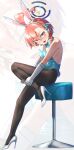  1girl absurdres ahoge animal_ear_hairband animal_ears aqua_leotard asuna_(blue_archive) asuna_(blue_archive)_(cosplay) asuna_(bunny)_(blue_archive) black_halo black_pantyhose blue_archive blue_bow blue_bowtie blue_leotard bow bowtie braid commentary cosplay detached_collar earrings fake_animal_ears fake_tail fang gloves hair_between_eyes hairband halo highleg highleg_leotard highres huge_ahoge jewelry leotard looking_at_viewer mole mole_under_each_eye mole_under_eye multiple_moles neru_(blue_archive) open_mouth orange_hair oversized_breast_cup pantyhose playboy_bunny rabbit_ear_hairband rabbit_ears rabbit_tail red_eyes short_hair single_braid solo strapless strapless_leotard stud_earrings tail thighband_pantyhose traditional_bowtie walking_nakta white_gloves white_hairband zoom_layer 