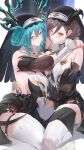  2girls absurdres aqua_eyes aqua_hair arms_around_neck bare_shoulders black_dress black_horns black_veil breasts brown_eyes brown_hair commentary detached_sleeves dress duet_night_abyss english_commentary feet_out_of_frame hair_between_eyes highres horns huge_breasts lady_nifle_(duet_night_abyss) looking_at_viewer lynn_(duet_night_abyss) mole mole_under_mouth multiple_girls nun parted_lips short_hair sitting thighhighs veil white_thighhighs yonesdraws yuri 