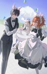  1boy 2girls ahoge animal_ear_hairband animal_ears apron black_dress black_gloves black_hair butler coattails commentary_request dress dullnoko fake_animal_ears fate/grand_order fate_(series) formal_clothes frilled_apron frills fujimaru_ritsuka_(female) fujimaru_ritsuka_(male) gloves hairband hat highres holding holding_tray long_hair looking_at_viewer maid maid_apron maid_headdress medium_hair multiple_girls olga_marie_animusphere orange_eyes orange_hair puffy_sleeves purple_eyes rabbit_ear_hairband rabbit_ears ribbon short_hair suit sun_hat tailcoat teapot tray tuxedo tuxedo_shirt u-olga_marie u-olga_marie_(first_ascension) vest white_apron white_dress white_hair white_hat 