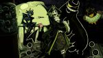  1boy 1other alternate_costume ascot black_coat black_hat black_headscarf bottle coat commentary creature creature_on_shoulder deltarune english_commentary eram_(deltarune) eyepatch friend_(deltarune) frilled_sleeves frills grin harmonica hat headscarf highres holding holding_bottle instrument jolly_roger normal_npc_(deltarune) on_shoulder one_eye_closed onionsan open_mouth pirate_costume pirate_hat roaring_knight ship_deck signature smile standing tongue tongue_out utdr_(toby_fox) w.d._gaster westaysilly white_ascot 