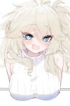  1girl :d alternate_breast_size_(larger) alternate_costume blue_eyes blush breasts brown_hair commentary_request fang hair_between_eyes heart heart-shaped_pupils highres kasukabe_tsumugi large_breasts long_hair looking_at_viewer messy_hair mole mole_under_eye one_side_up open_mouth ribbed_sweater skin_fang sleeveless sleeveless_sweater sleeveless_turtleneck smile solo sweater symbol-shaped_pupils syota_pinko turtleneck turtleneck_sweater upper_body voicevox white_background white_sweater 