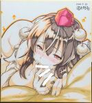  1girl alternate_breast_size_(larger) bar_censor blush bottomless breasts brown_hair censored commentary_request commission cum cum_in_mouth dated ejaculation erection fellatio hat highres huge_breasts male_pubic_hair open_clothes open_shirt oral ouma_tokiichi penis pixiv_commission pom_pom_(clothes) pov pov_crotch pubic_hair red_eyes ribbon-trimmed_thighhighs ribbon_trim shameimaru_aya shikishi tearing_up thighhighs tokin_hat touhou traditional_media white_background white_thighhighs 