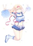  1girl 99pyeong armpits belt_bow blonde_hair blue_choker blue_shorts blush bow breasts choker closed_eyes commentary crop_top cropped_shirt double_v frilled_choker frilled_shirt frilled_shorts frills full_body grin hashire!_taiikumatsuri!_~jikkou_iin_wa_ooisogashi~_(project_sekai) headband highres kneehighs long_hair medium_breasts midriff name_tag navel official_alternate_costume pink_headband pom_pom_(cheerleading) project_sekai scrunchie shirt shoes short_shorts shorts sidelocks simple_background sleeveless sleeveless_shirt smile socks solo suspender_shorts suspenders tenma_saki tied_shirt twintails untranslatable_commentary v white_background white_shirt white_shoes white_socks wrist_scrunchie 