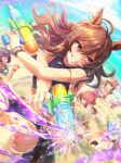  >_< 4girls absurdres ahoge animal_ears armlet artist_request bare_arms bare_legs bare_shoulders beach bead_bracelet beads bikini black_bikini blue_sky bracelet brown_hair card_(medium) card_commentary cloud commentary day determined dog_tags downturned_eyes dual_wielding ear_ornament eyelashes floating_hair game_asset glint gold_armlet grin hair_behind_ear happy highres holding holding_water_gun horse_ears horse_girl horse_tail jewelry light_particles long_hair loose_hair_strand multiple_girls nakayama_festa_(trusting_the_dice)_(umamusume) nakayama_festa_(umamusume) ocean official_alternate_costume official_art outdoors purple_eyes shore sky smile solo_focus sparkle spraying swimsuit tail thighs third-party_source tsurime umamusume water_gun wavy_hair 