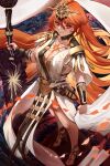  1girl absurdres ancient_greek_clothes arm_armor armor augusta_(wuthering_waves) breastplate breasts cleavage closed_mouth colored_inner_hair commentary_request dress greatsword greco-roman_clothes hair_between_eyes headgear high_heel_sandals high_heels highres holding holding_sword holding_weapon large_breasts long_hair multicolored_hair orange_eyes orange_hair partial_commentary sandals solo standing sword weapon white_dress wuthering_waves wuzoto 