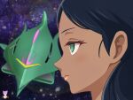  1girl absurdres artist_logo artist_name beam_cannon bindi black_hair blurry blurry_background commentary_request dark-skinned_female dark_skin desi elmeth expressionless eyelashes green_eyes gundam highres lalah_sune lens_flare logo looking_ahead mecha medal mobile_armor mobile_suit_gundam nebula nyahoekaki1 pink_lips portrait robot science_fiction signature space spacecraft star_(sky) zeon zero_gravity 