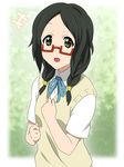  bespectacled black_hair blush brown_eyes extra face glasses ikari_manatsu k-on! necktie nodoka_glasses open_mouth red-framed_eyewear ribbon sasaki_youko school_uniform semi-rimless_eyewear short_twintails smile solo twintails under-rim_eyewear 