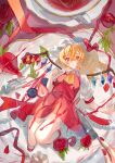  1girl 1other absurdres ascot blonde_hair blueberry bow collared_shirt commentary_request crystal crystal_wings cup flandre_scarlet flower food fork frilled_skirt frills fruit hair_between_eyes hat hat_bow highres knife looking_at_viewer mini_person minigirl mob_cap multicolored_wings neruko_(piano00324) one_side_up petals plate puffy_short_sleeves puffy_sleeves red_bow red_eyes red_flower red_nails red_petals red_rose red_shoes red_skirt red_vest rose sauce shirt shoes short_sleeves skirt skirt_set socks solo_focus strawberry strawberry_slice tea teacup touhou vest white_hat white_shirt white_socks wings yellow_ascot 