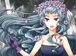  blue_eyes blue_hair breasts cleavage dress earrings flower gloves hair_flower hair_ornament head_wreath jewelry long_hair macross macross_frontier makeup medium_breasts mugomumu open_mouth sheryl_nome single_earring solo 