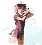  1girl antenna_hair black_dress black_hair china_dress chinese_clothes commentary_request cowboy_shot dress floral_print floral_print_dress holding holding_microphone idolmaster idolmaster_(classic) kikuchi_makoto microphone mihen print_dress short_dress short_hair short_sleeves simple_background singing solo standing white_background 