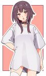  1girl absurdres alternate_costume arm_at_side belt_collar blush_stickers brown_hair collar commentary cowboy_shot hand_on_own_hip highres kono_subarashii_sekai_ni_shukufuku_wo! looking_at_viewer megumin noyama_takenoko open_mouth outline oversized_clothes oversized_shirt red_background red_eyes shirt short_hair_with_long_locks simple_background solo t-shirt triangle_mouth uneven_eyes white_outline white_shirt 
