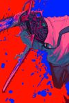  1boy black_necktie black_pants cable chainsaw chainsaw_man complementary_colors denji_(chainsaw_man) from_side gigan_(gigan1024896) highres male_focus monster necktie open_mouth pants sharp_teeth shirt simple_background solo teeth two-tone_background weapon white_shirt 