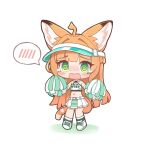  1girl @_@ alternate_costume animal_ears arknights bare_shoulders cat_ears cat_girl cat_tail chibi chibi_only commentary_request crop_top fang green_eyes green_skirt highres large_ears long_hair mole mole_on_chest open_mouth orange_hair papyrus_(arknights) pom_pom_(cheerleading) shoes skin_fang skirt spoken_blush stomach tail tearing_up th3cr0ma two-tone_skirt visor_cap white_background white_shoes white_skirt 