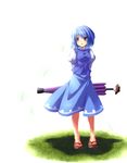  arms_behind_back blue_dress blue_eyes blue_hair closed_umbrella dress grass heterochromia purple_umbrella red_eyes ryosios short_hair solo tatara_kogasa touhou umbrella white_background 