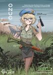 1girl absurdres armored_personnel_carrier armored_vehicle battle_rifle belt beret blonde_hair blue_eyes blue_sky blunt_bangs book cloud cold_war commentary english_commentary english_text fm/gf-w68 glass gram_63 grass gun handgun hat highres holding holding_book ingrid_andersson kp_apc long_hair military military_uniform motor_vehicle nico_jiang original outdoors pantyhose pencil_skirt plant ponytail rifle side_slit signature skirt sky sweden swedish_text tall_grass tongue_up united_nations we_love_cold_war weapon 