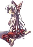  1girl absurdres barefoot blush bow breasts commentary_request eyes_visible_through_hair feet from_behind fujiwara_no_mokou full_body grey_hair hair_between_eyes hair_bow hair_intakes hair_over_shoulder highres huge_bow large_breasts long_hair long_sleeves looking_at_viewer looking_back ofuda ofuda_on_clothes pants parted_lips red_eyes red_pants seika_okawari shadow shirt simple_background sitting soles solo toes touhou very_long_hair wariza white_background white_bow white_shirt 