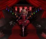  alternate_wings blonde_hair blood chain commentary_request emerane evil_grin evil_smile flandre_scarlet glowing glowing_eyes grin hat highres ponytail red_eyes short_hair side_ponytail smile solo touhou wings 