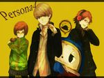  2boys brown_hair food glasses grey_hair hanamura_yousuke headphones jacket kuma_(persona_4) meat multiple_boys narukami_yuu pekoo_(pekota) persona persona_4 satonaka_chie school_uniform short_hair 